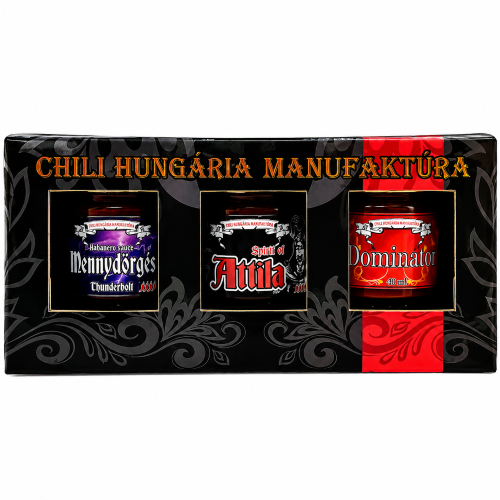 Bajnok Chili Szósz Csomag 3x40 ml – Attila chili szósz, Mennydörgés és Dominátor díszdobozban