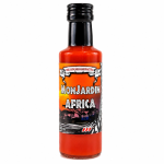 Bottle of Mon Jardin Africa hot sauce with red chili sauce and black cap, label shows a sunset scene with trees on white background.