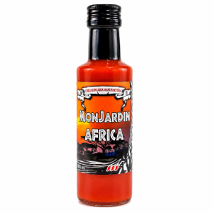 Bottle of Mon Jardin Africa hot sauce with red chili sauce and black cap, label shows a sunset scene with trees on white background.